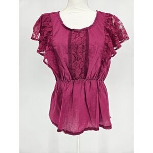 De.Coded Women Berry Pink Lace Inset Flutter Sleeve Peplum Cotton Top Large